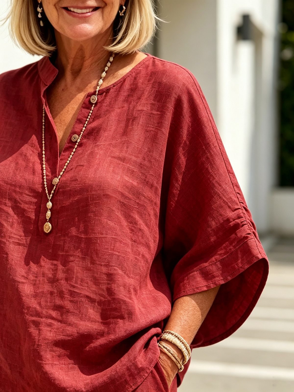 2Pcs Cotton and Linen Stand-up Collar Seven-quarter Sleeve Loose Sleeve Casual Suit