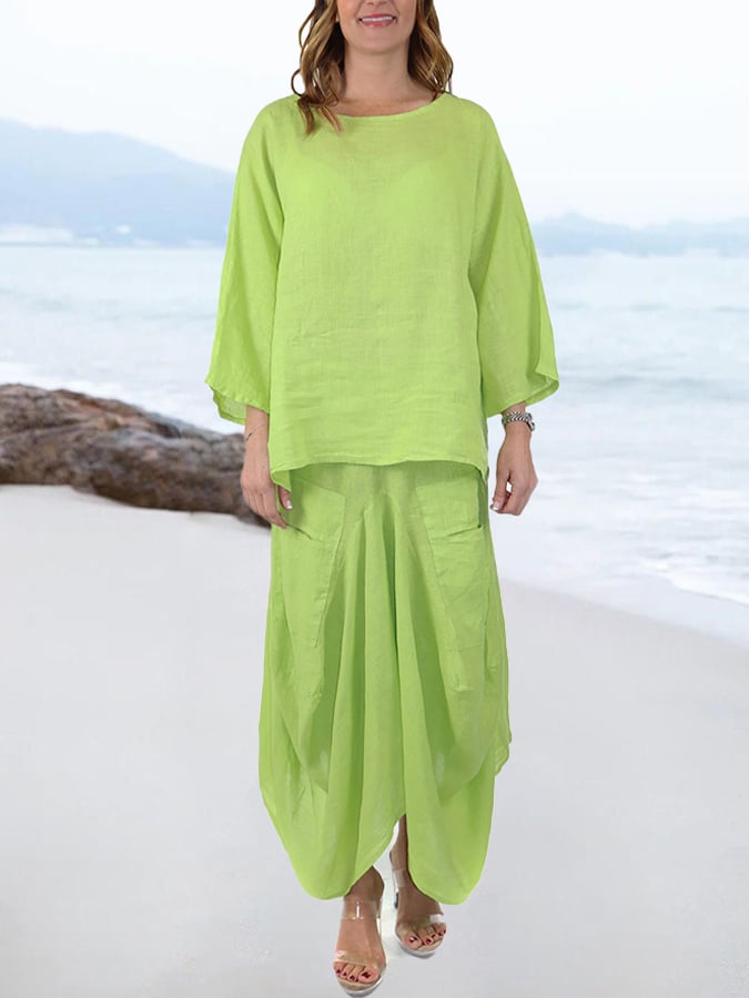 Women'S Casual Round Neck Solid Color Loose Skirt Two-Piece Set