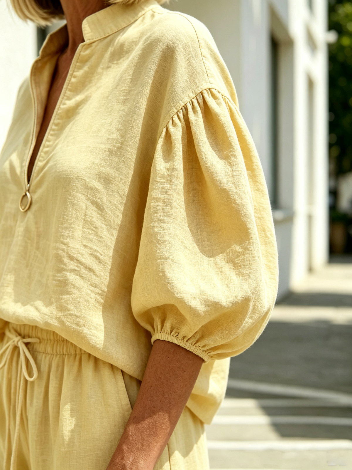 2Pcs Casual Matching Outfit Set, Stand Collar Half Zipper Top, Lantern Puff Sleeve Blouse, Solid Lightweight Textured Fabric, Elastic Drawstring Waist Wide Leg Long Pants, Relaxed Loose Fit Co-Ord Suit for Daily Leisure and Vacation