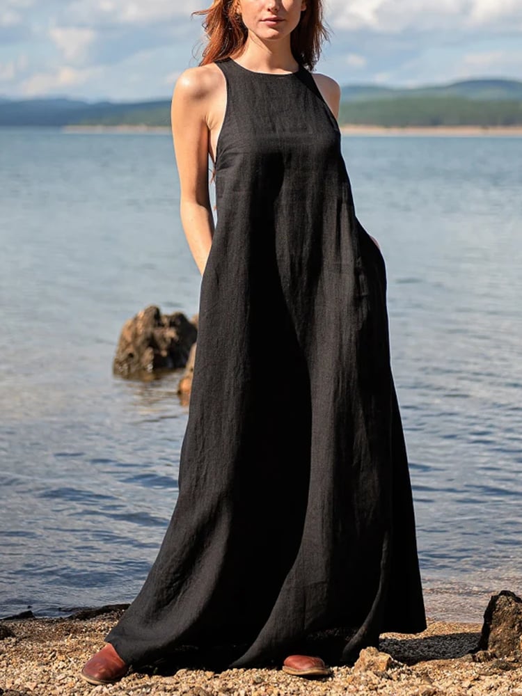 Women's Casual Solid Color Sleeveless Linen Long Dress