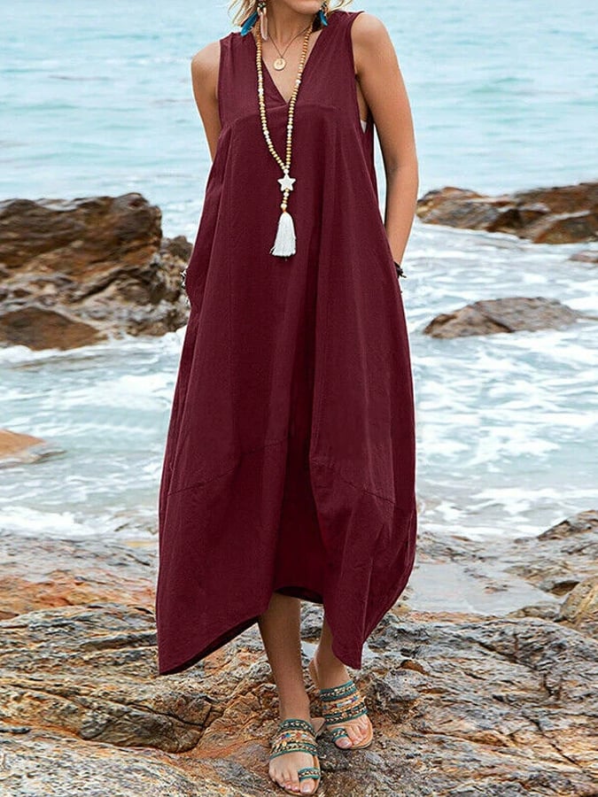 Women's Casual Solid Color V-Neck Pocket Dress