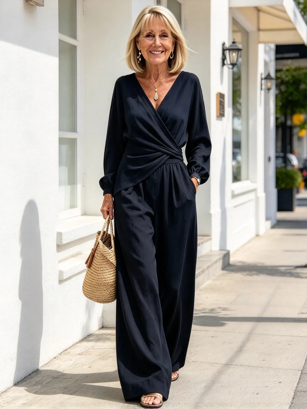 2Pcs Solid Color Cross V-neck Waist Knot Long-sleeved Top + Wide-leg Pants Set