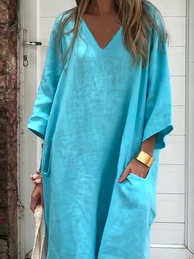 Women'S Casual Solid Color V-Neck Loose Cotton And Linen Dress