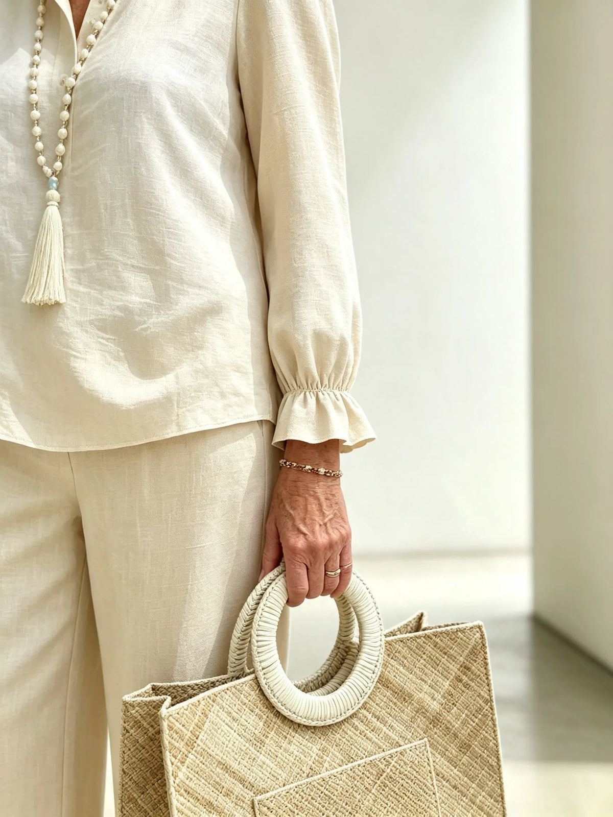 Women Solid Light Blue Two-Piece Casual Suit, Simple Mandarin Collar Half Button Front Blouse With Elastic Bubble Ruffle Cuff Long Sleeves, Matching High Waist Straight Wide Leg Long Pants, Lightweight Breathable Textured Linen Blend Temperament Commuter