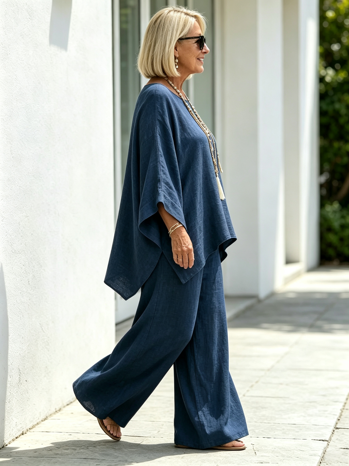 2Pcs Elegant Women Solid Linen‐Blend Two‐Piece Set, Oversized Batwing Sleeve Uneven Hem Tunic Blouse, Breathable Flowy Wide Leg Floor‐Length Pants, Loose Comfortable Casual Co‐ord Suit for Beach Holiday Daily Street Wear