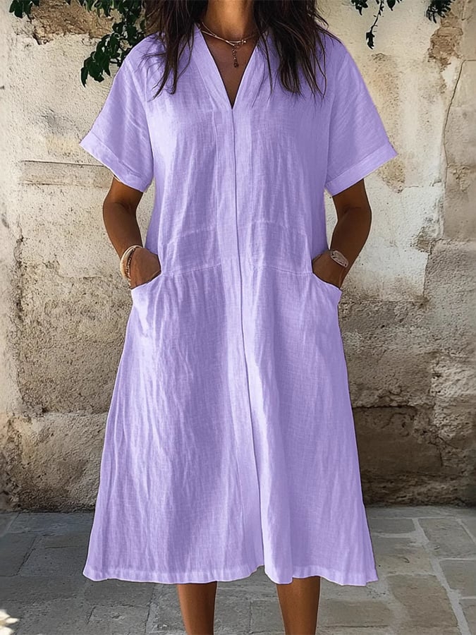 Women'S Casual Spring And Summer Loose V-Neck Solid Color Cotton And Linen Dress
