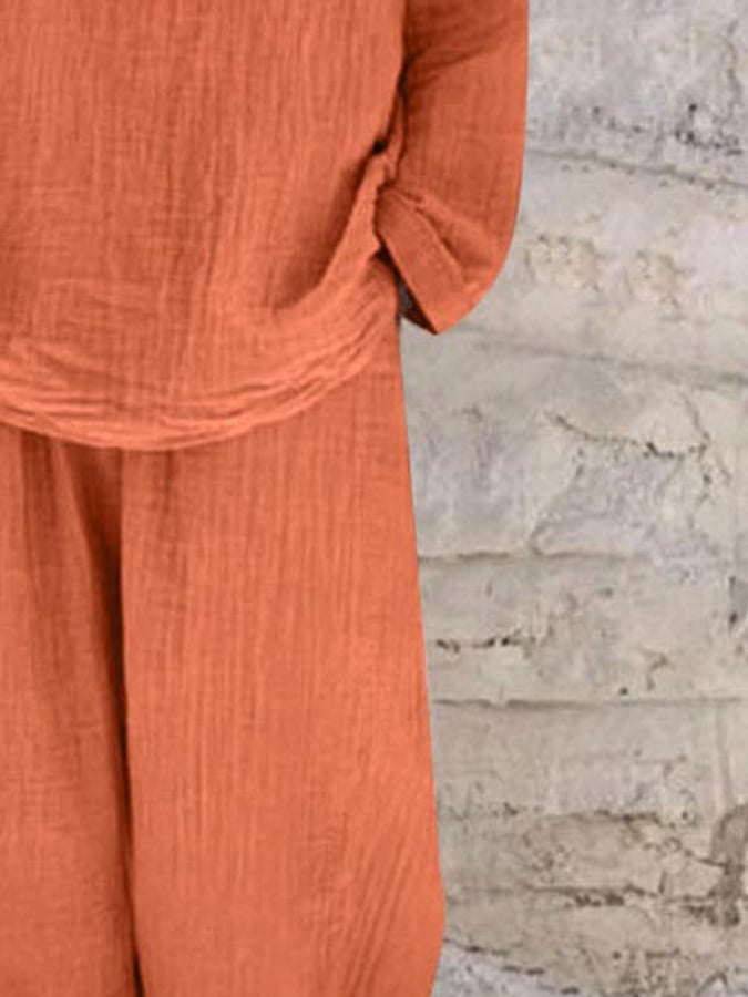 Women's Casual V-neck Pullover Long Sleeve + Pocket Trousers Cotton and Linen Suit