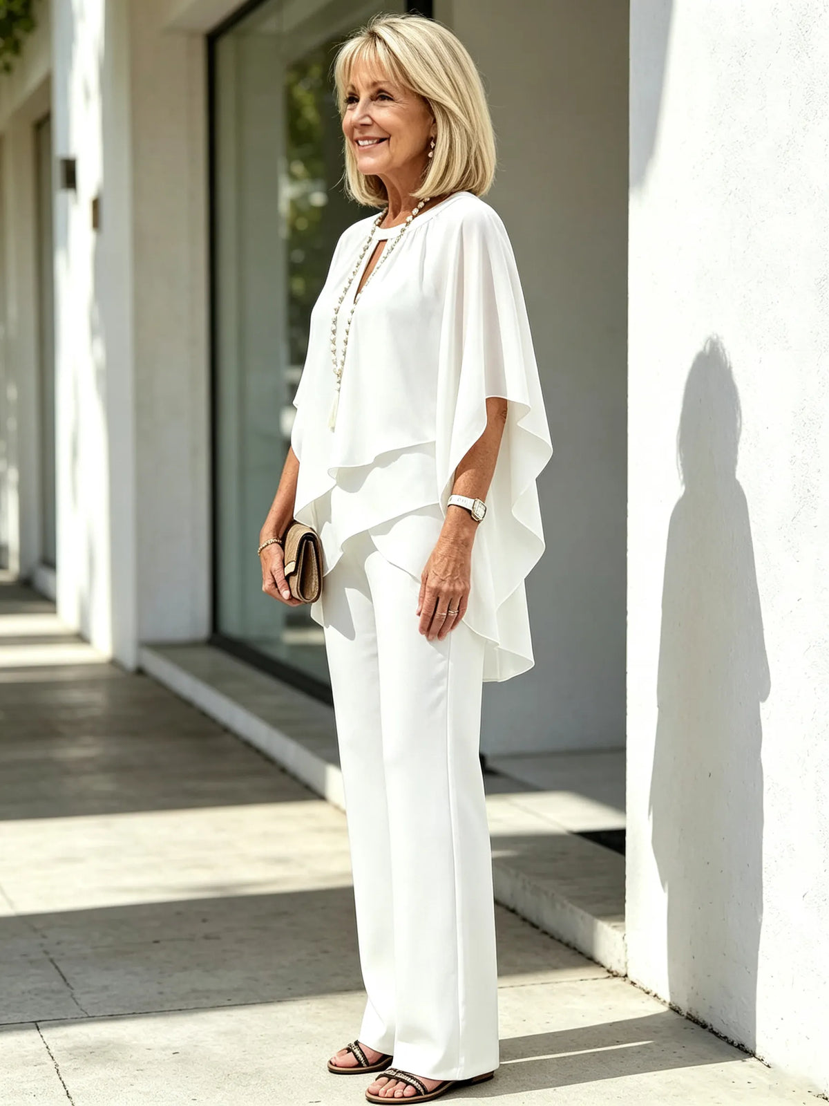 2 Piece Pant Set, Round Neck Keyhole Cutout Chiffon Cape Top, Irregular Layered Hem, Loose Flowy Batwing Sleeves, High Waist Straight Wide Leg Trousers, Lightweight Sheer Fabric, Elegant Outfit Set for Wedding Guest and Formal Occasions