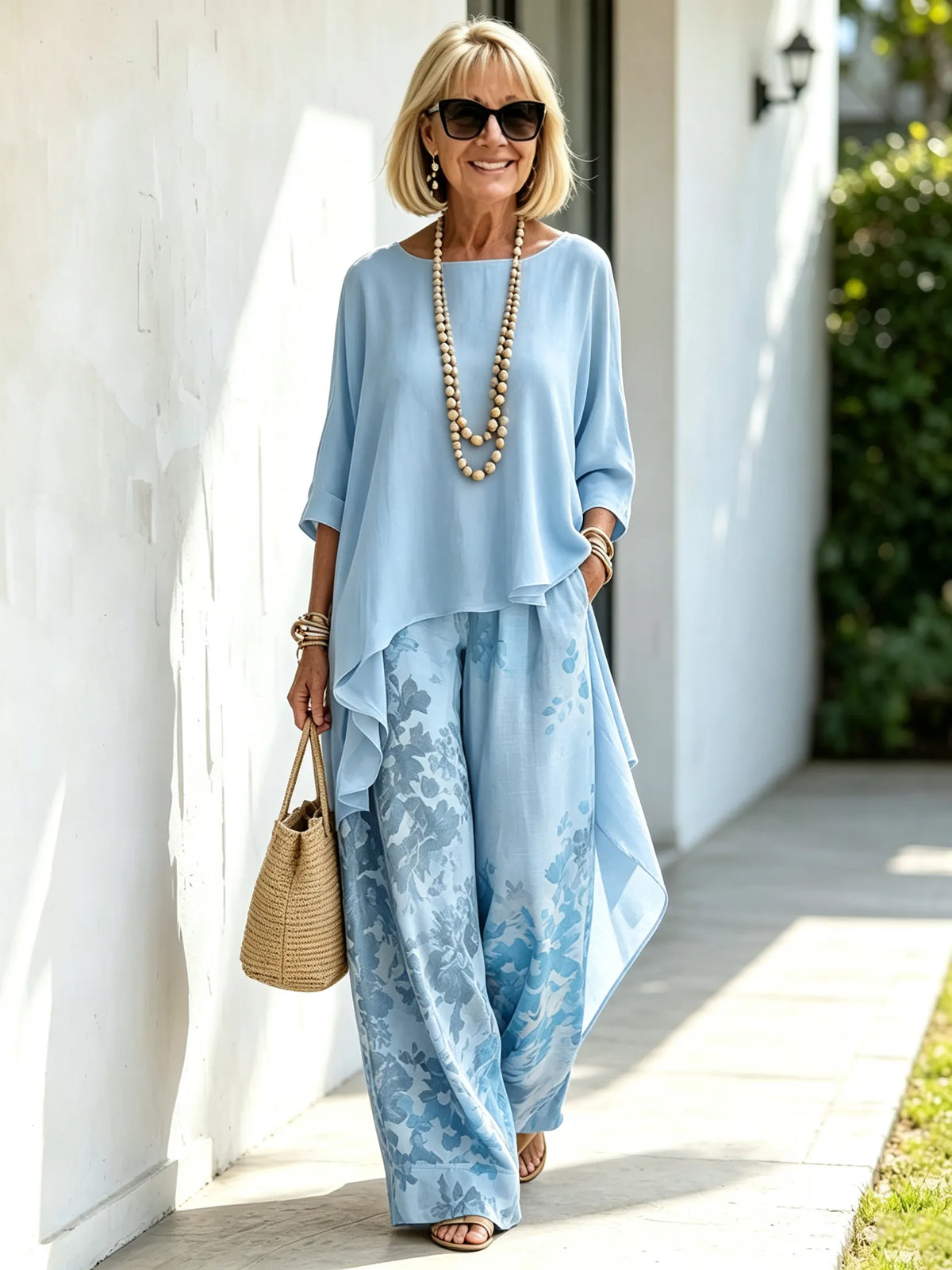 2‐Piece Outfit Set, Solid Color Asymmetrical Draped 3/4 Sleeve Boat Neck Top, Floral Printed High‐Waist Wide‐Leg Pants With Side Pockets, Loose Flow‐y Linen‐blend Fabric, Relaxed Silhouette For Daily Wear, Vacation And Casual Occasions