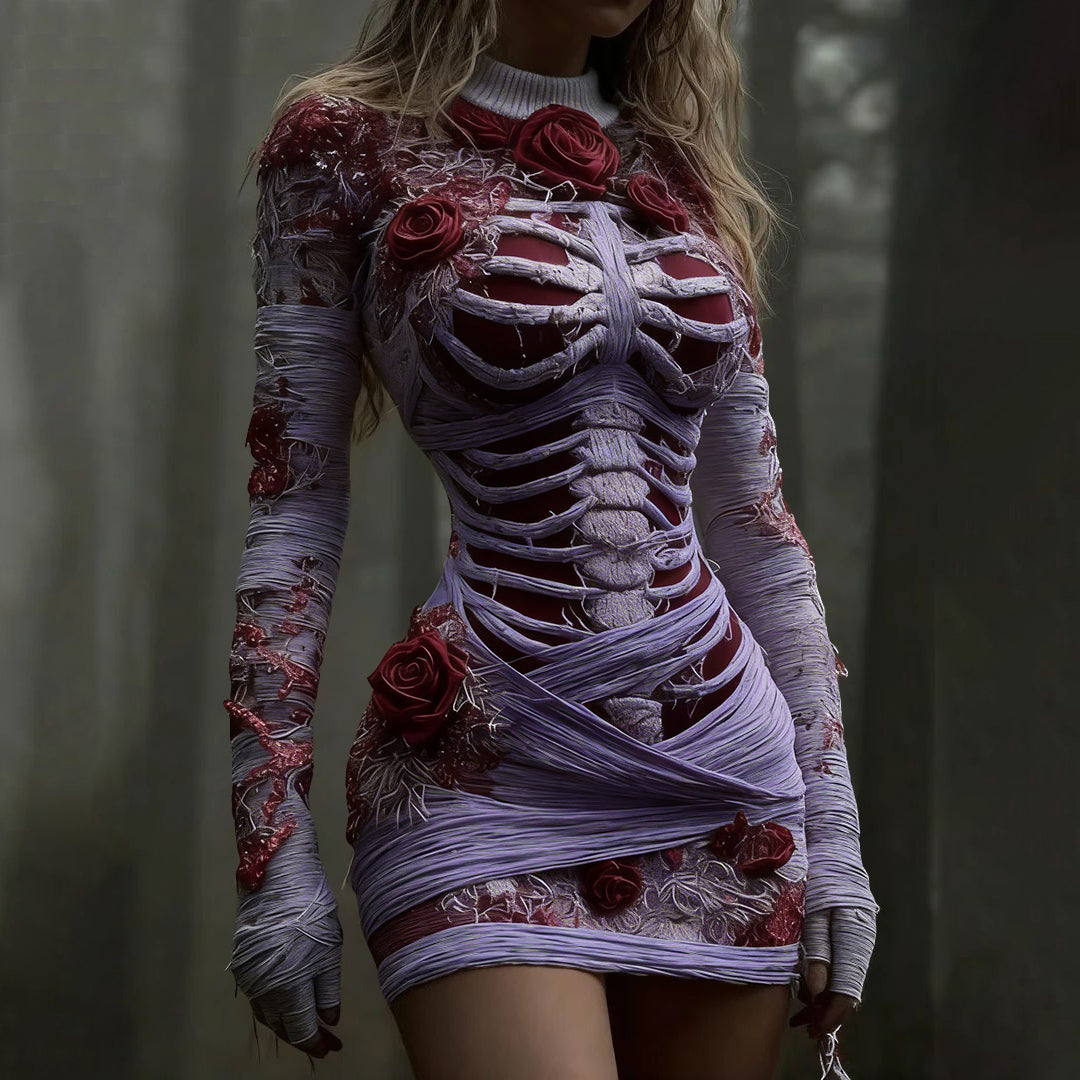 Women's Vintage Red Rose Skeleton Art Knit Mini Sweater Dress