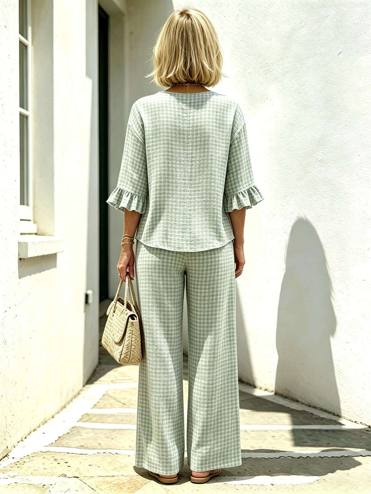 Women Elegant Linen Blend Plaid Two-Piece Casual Pant Set, Woven Textured Gingham Check Pattern Matching Outfit, Notch V-Neck Three Wooden Button Front Top With Ruffle Flared 7/4 Length Bell Flounce Sleeves, Loose High Waist Wide Leg Full Length Trousers