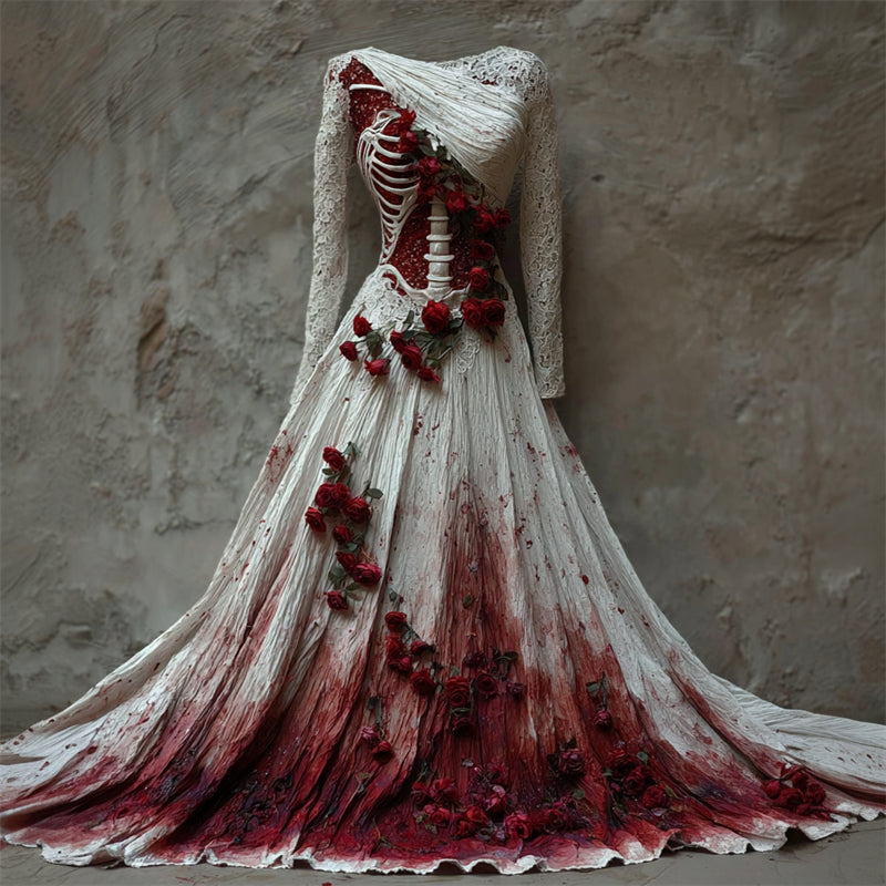 Halloween Bloody Red Roses Skeleton Lace Linen Maxi Dress