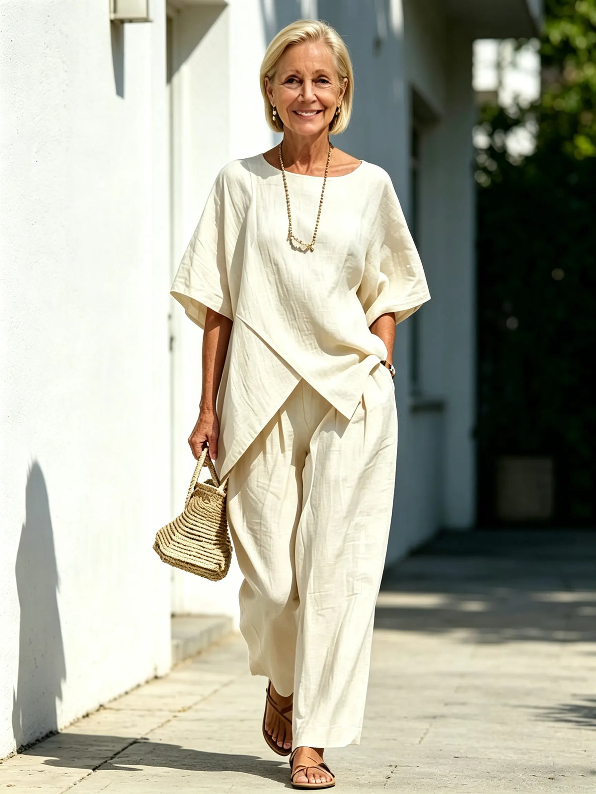 2Pcs Loose Short-sleeved Irregular Hem Top Wide-leg Pants Trousers Women's Suit