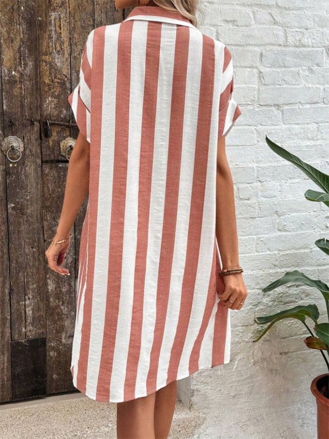 Women's Casual Lapel Striped Print Short Sleeve Dress