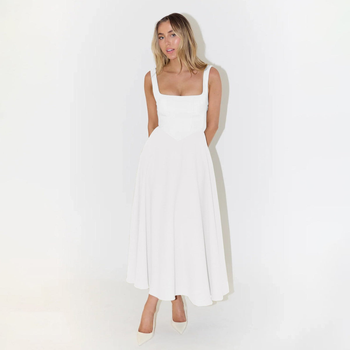 High Waist Square Neck Midi Dress