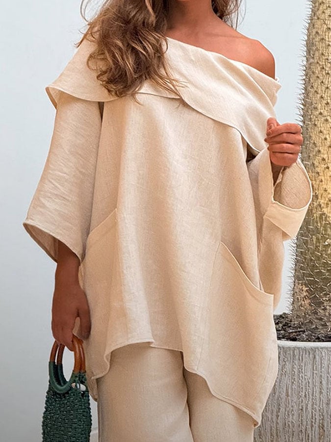 Women's Casual Solid Color Long Sleeve Cotton and Linen Top