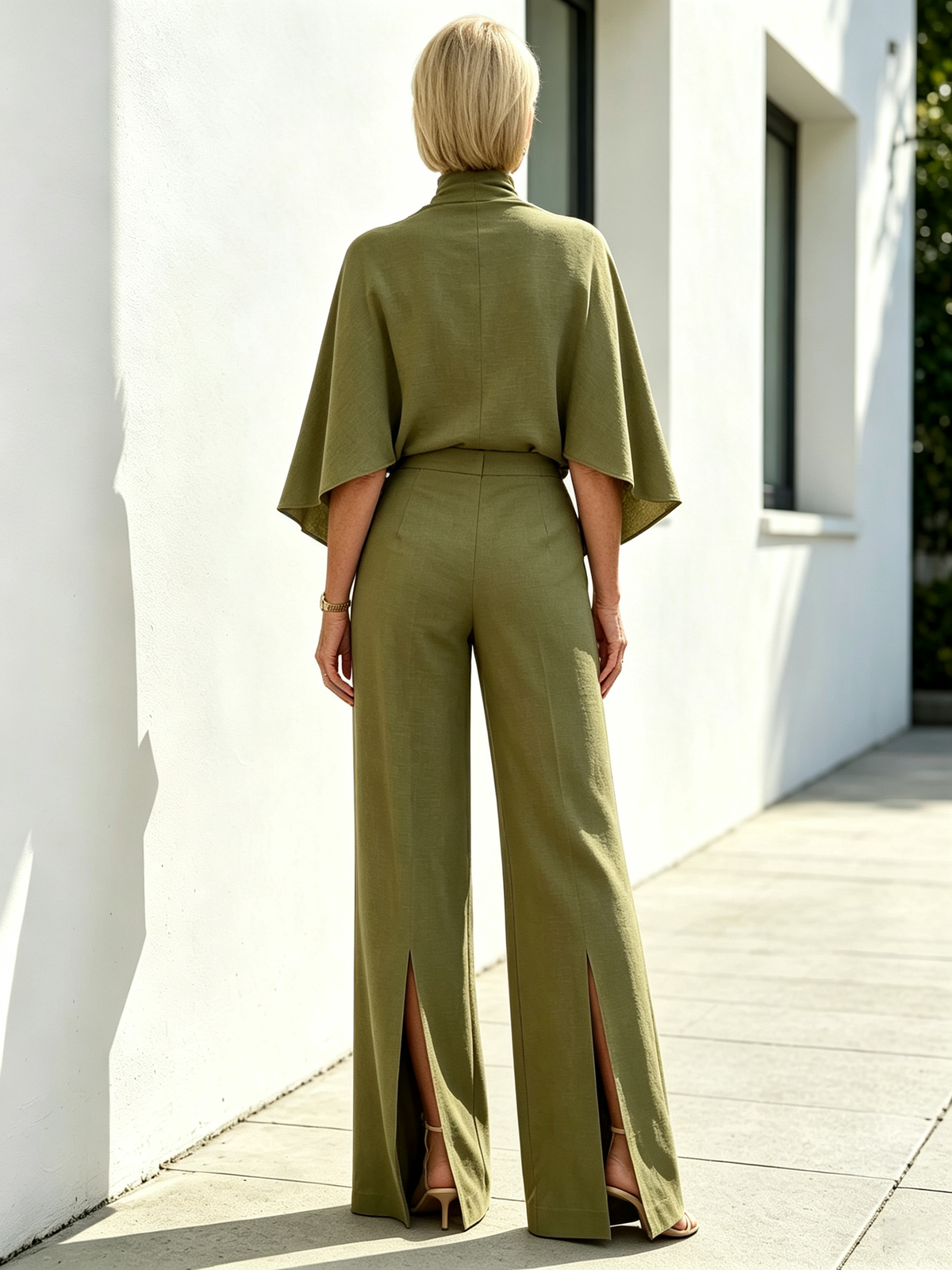 Solid Color 2 Piece Outfit Set, Semi High Mock Neck Cape Sleeve Blouse, High Waist Split Wide Leg Pants, Light Textured Woven Fabric, Relaxed Elegant Silhouette, Flowy Cape Top and Front Slit Trousers for Formal and Semi-formal Occasions