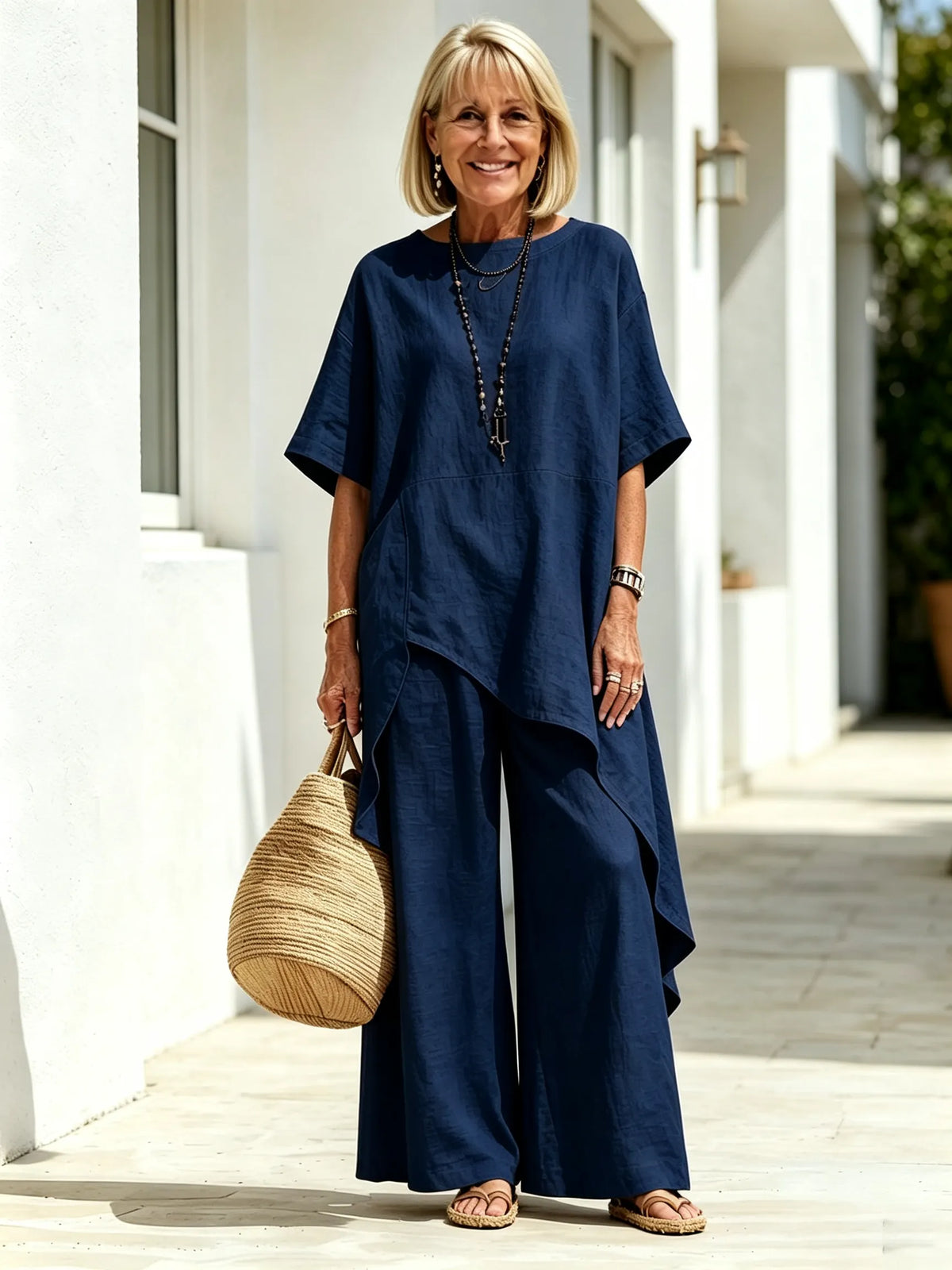 2Pcs Solid Color Cotton Linen Two-piece Outfit, Round Neck Short Sleeve Irregular Hem Tunic Top, Wide Leg Long Pants, Loose Relaxed Fit, Lightweight Breathable Fabric, Flowy Casual Coordinate Set for Daily, Holiday and Outdoor Occasions