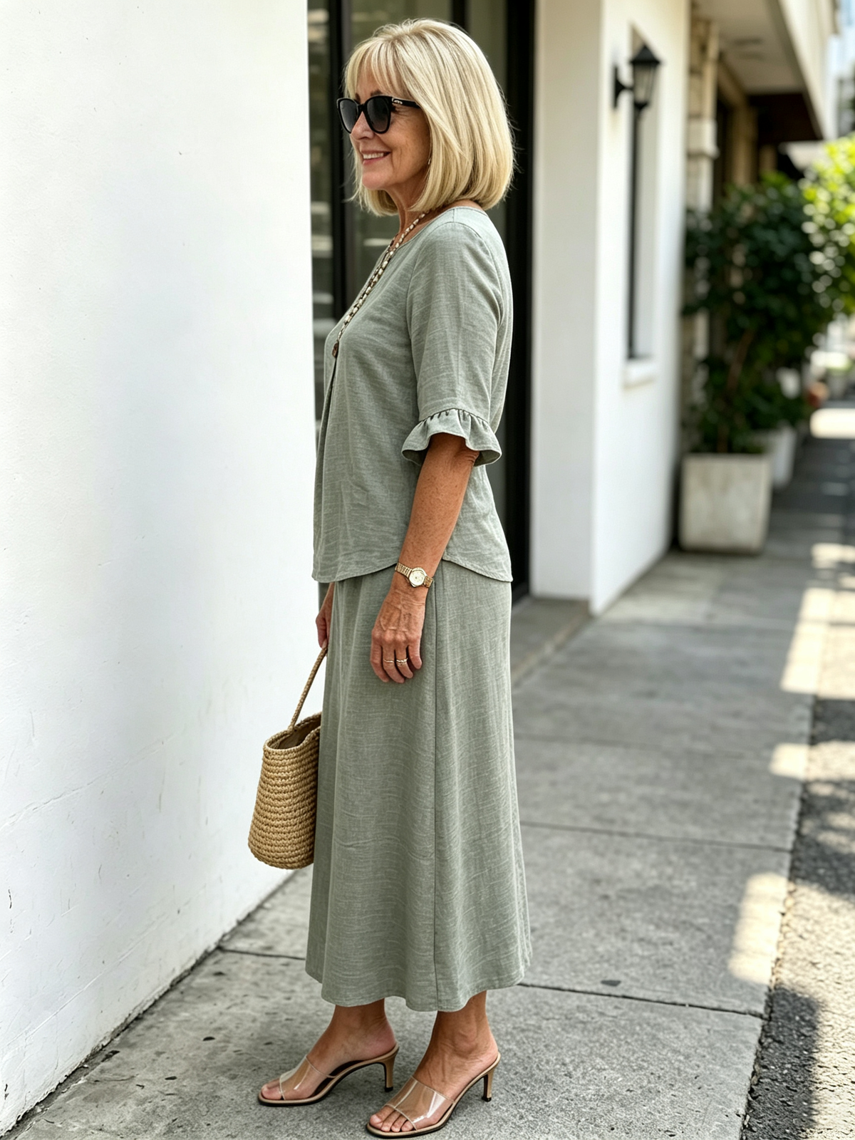 2Pcs Casual Matching Top and Skirt Set, V Neck Button Placket Blouse, Ruffle Edge Seven-quarter Sleeve, Solid Lightweight Linen-like Fabric, Loose A-line Midi Skirt, Relaxed Fit Co-Ord Outfit for Daily Wear and Vacation