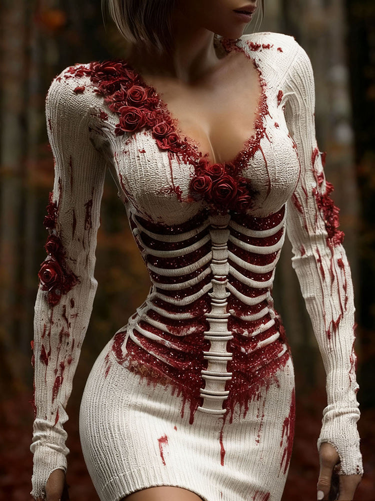 Women's Vintage Halloween Skeleton & Rose Art Sweater Dress