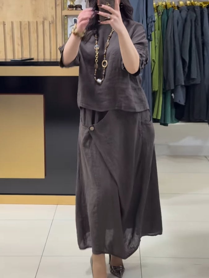 Women'S Casual Solid Color Round Neck Three-Quarter Sleeve Cotton And Linen Dress Set