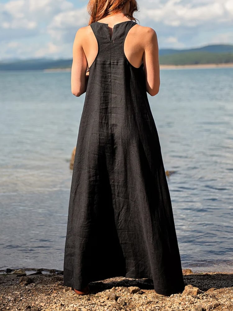Women's Casual Solid Color Sleeveless Linen Long Dress