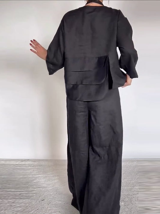 Women's Casual Solid Color Round Neck Long Sleeve Spliced Tops and Pants Two-piece Set