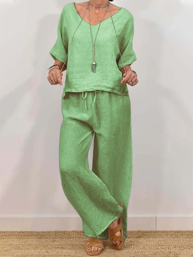 Women'S Casual V-Neck Pullover With Half Sleeves + Long Pants Two-Piece Suit