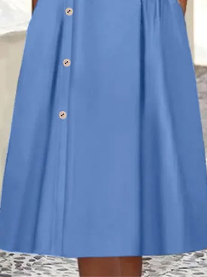 Women's Casual Button Decorated Gathered Pocket Midi Dress