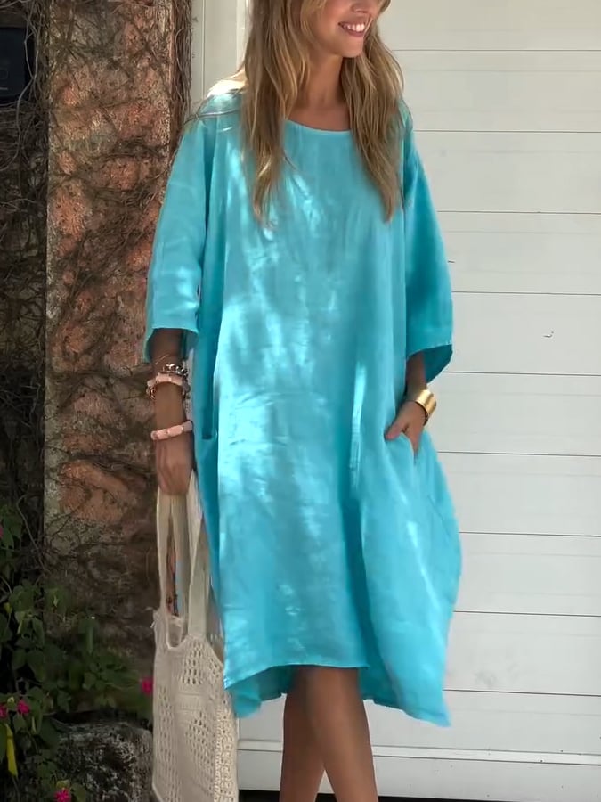 Women'S Casual Solid Color Loose Cotton And Linen Dress