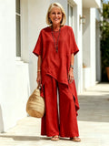 2Pcs Solid Color Cotton Linen Two-piece Outfit, Round Neck Short Sleeve Irregular Hem Tunic Top, Wide Leg Long Pants, Loose Relaxed Fit, Lightweight Breathable Fabric, Flowy Casual Coordinate Set for Daily, Holiday and Outdoor Occasions