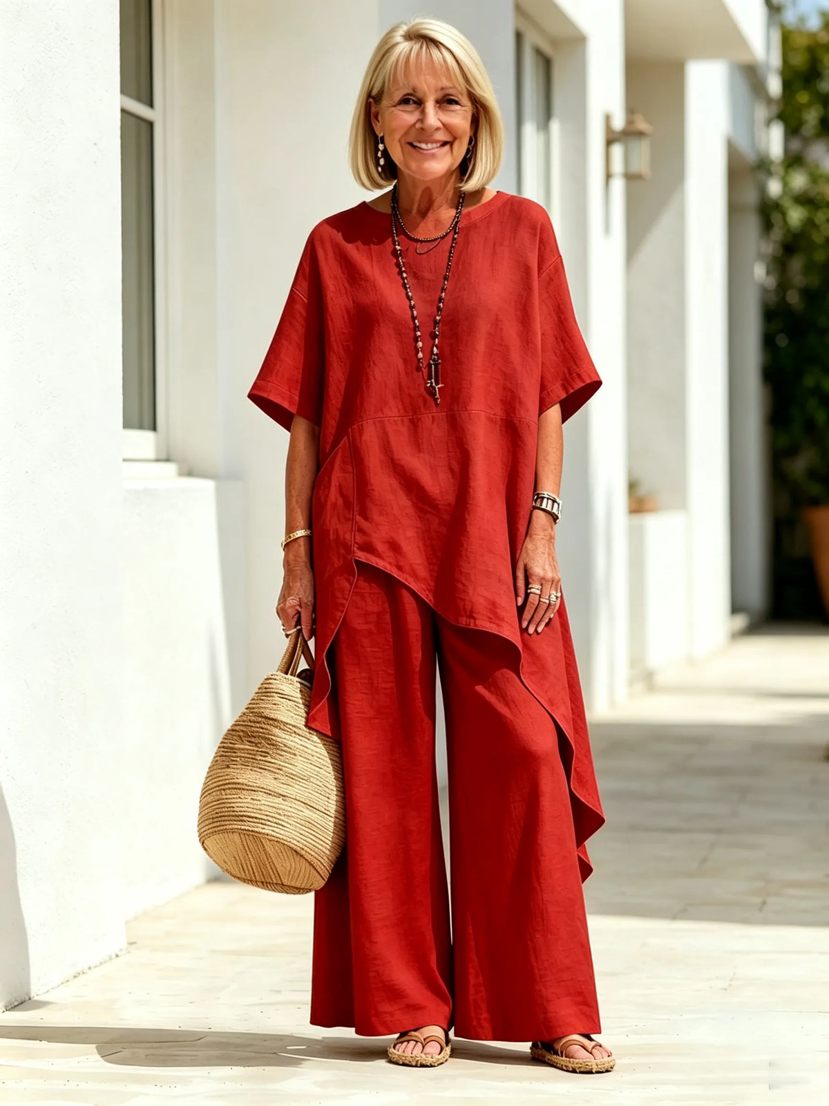 2Pcs Solid Color Cotton Linen Two-piece Outfit, Round Neck Short Sleeve Irregular Hem Tunic Top, Wide Leg Long Pants, Loose Relaxed Fit, Lightweight Breathable Fabric, Flowy Casual Coordinate Set for Daily, Holiday and Outdoor Occasions