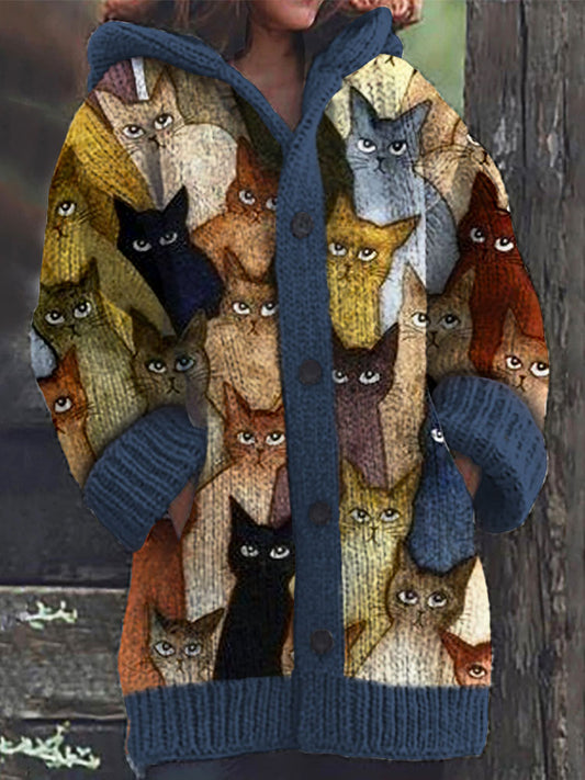 Colorful Cats Pattern Cozy Hooded Cardigan