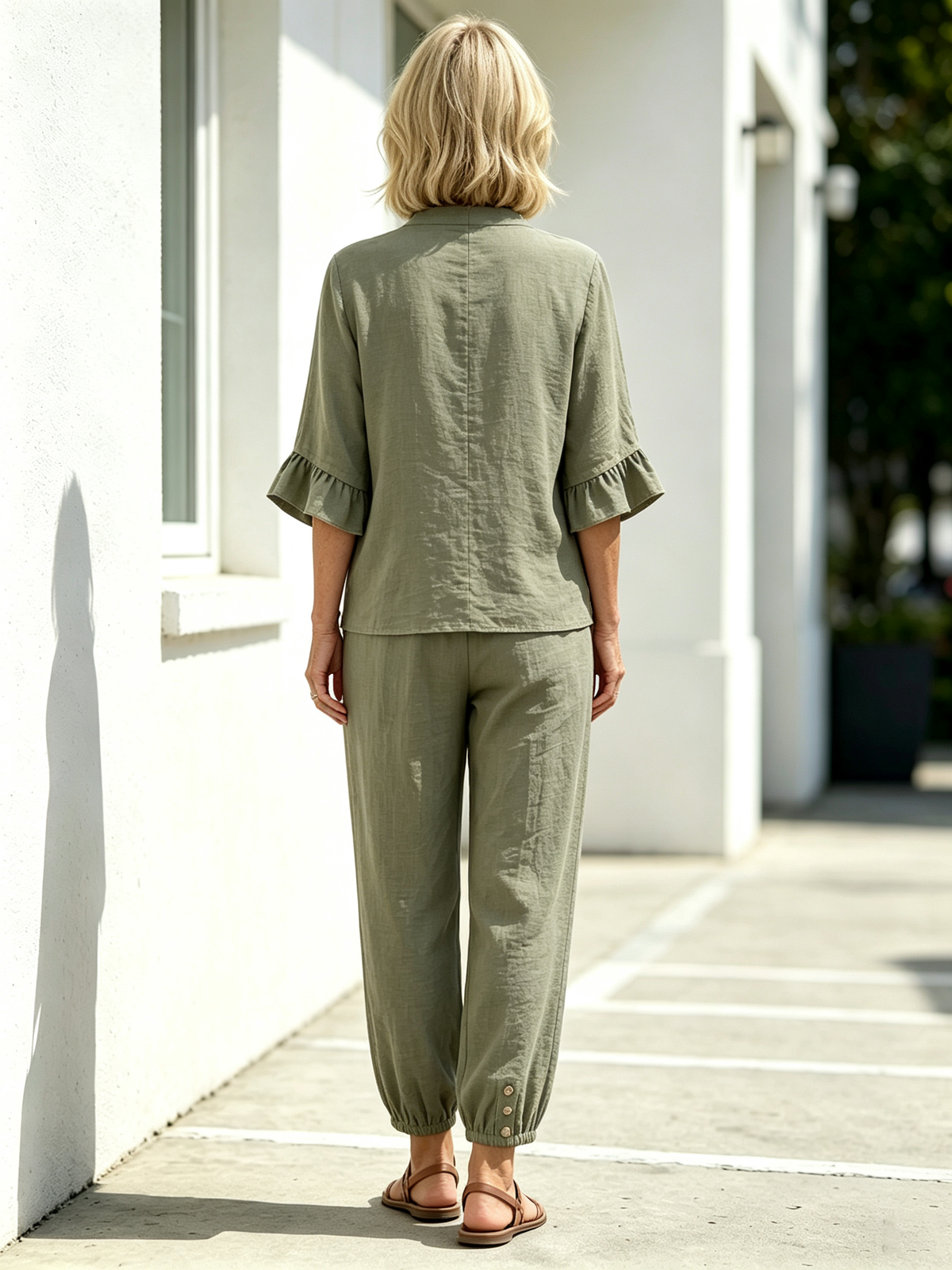 2Pcs Casual Matching Outfit Set, Mandarin Collar Half Button Top, Ruffle Edge Seven-quarter Sleeve Blouse, Solid Lightweight Textured Fabric, Elastic Waist Nine-quarter Jogger Pants with Button Hem Detail, Relaxed Loose Fit Co-Ord Suit for Daily L