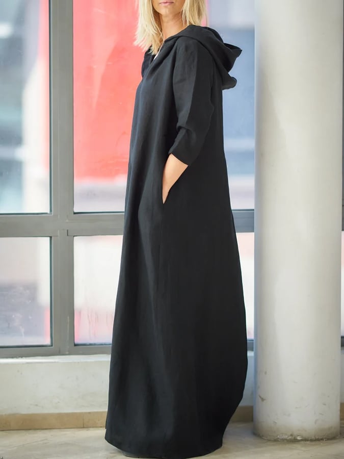 Women's Casual Solid Color Vintage Hooded Pullover Dress