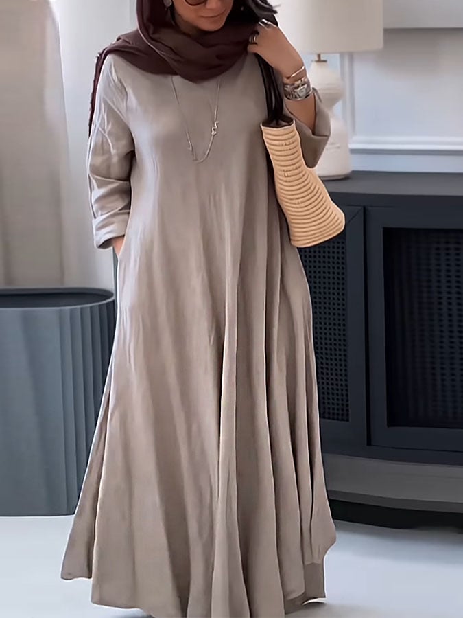 Women's Casual Solid Color V-Neck Long Sleeve Cotton and Linen Dress