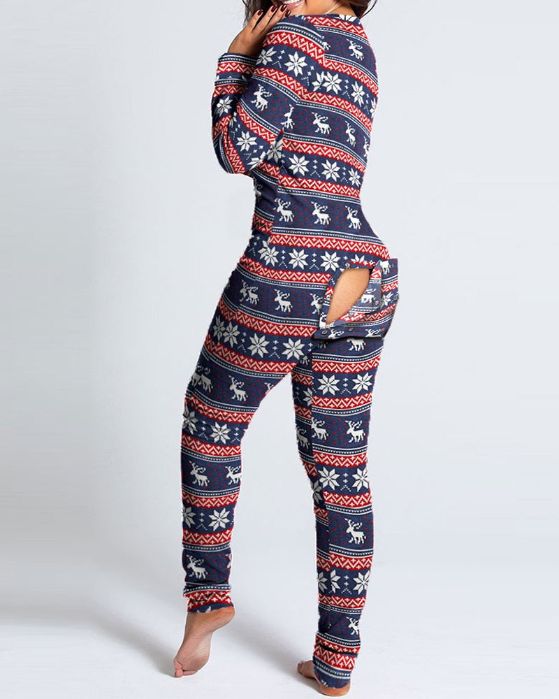 Christmas Deep V-neck Long-sleeved Back Button Closure Jumpsuit PJajama