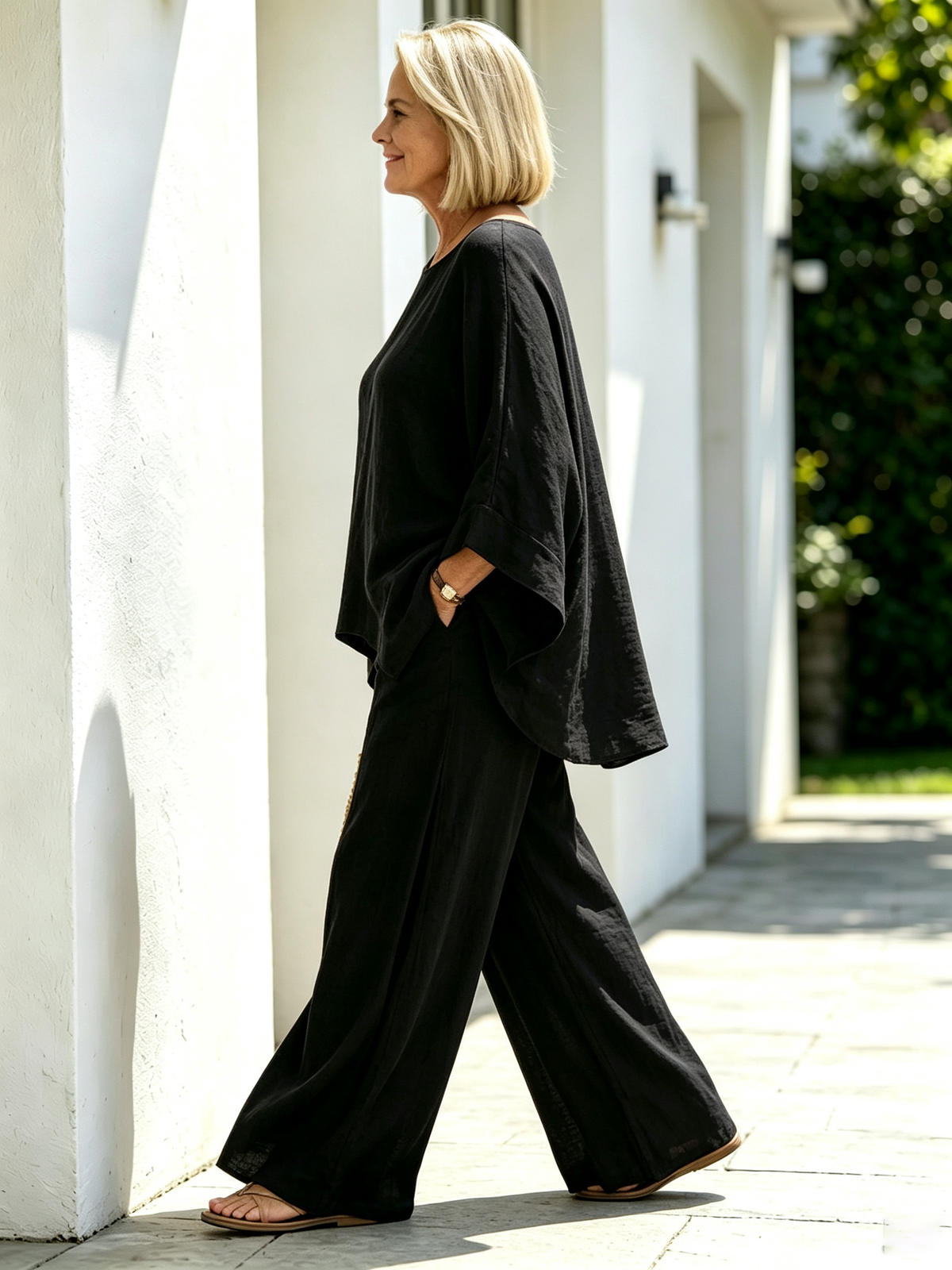 2Pcs Elegant Women Solid Linen‐Blend Two‐Piece Set, Oversized Batwing Sleeve Uneven Hem Tunic Blouse, Breathable Flowy Wide Leg Floor‐Length Pants, Loose Comfortable Casual Co‐ord Suit for Beach Holiday Daily Street Wear