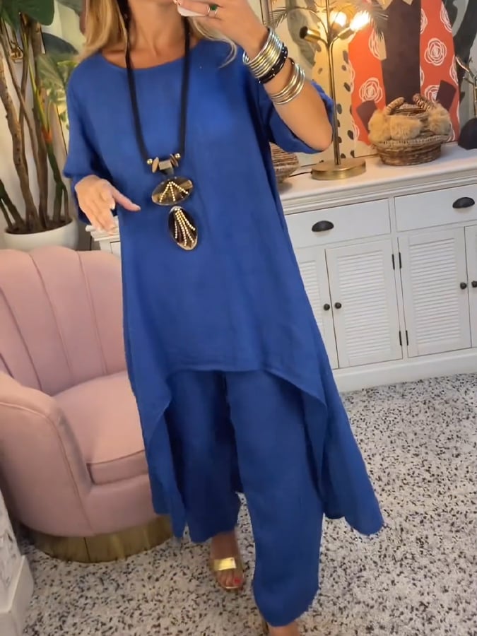 Women'S Casual Round Neck Solid Color Long Cotton And Linen Two-Piece Suit