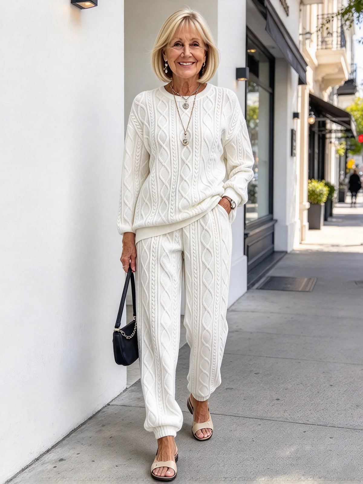 Twist Splicing Long-sleeved Crew Neck Top Corset Trousers Two-piece Set