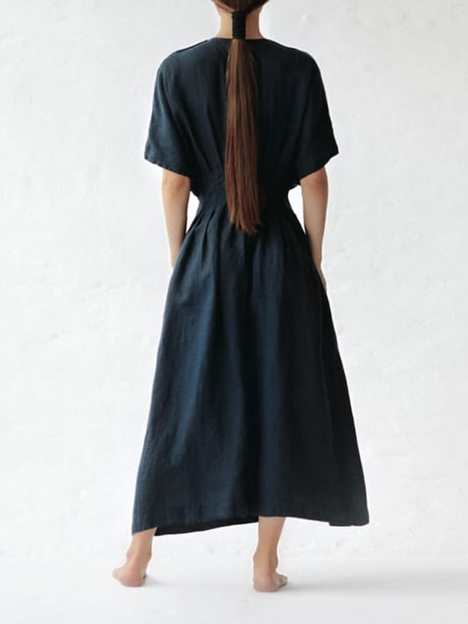 Women's Solid Color Gathered Waist Button Linen Dress