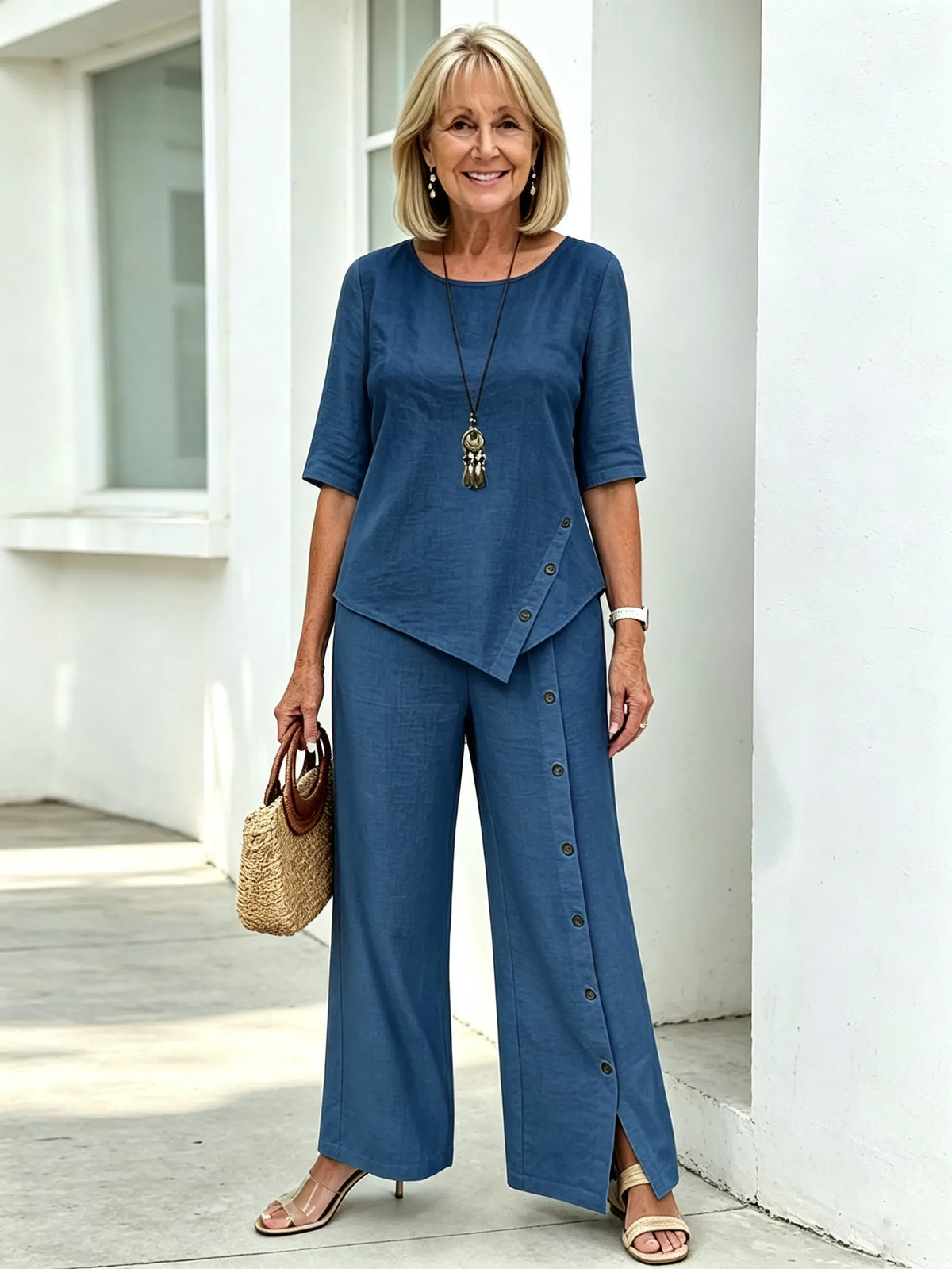 2Pcs Cotton and Linen Irregular Hem Trousers Set Button Half Sleeve Shirt Loose Two-piece Set
