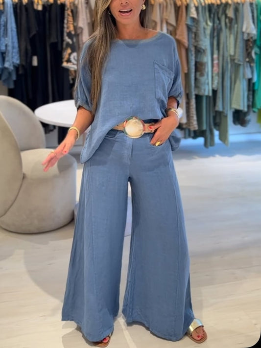 Women's Casual Solid Top and Wide Leg Pants Set