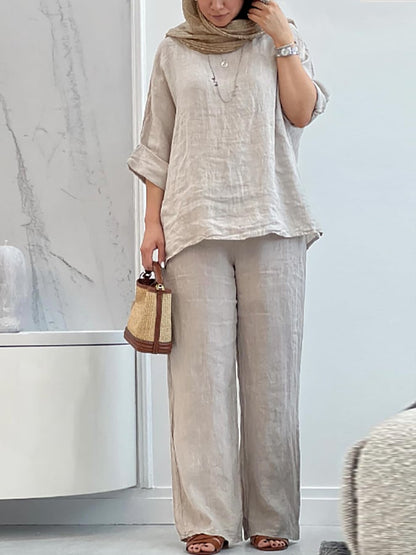 Women's Casual Solid Color Round Neck Three-quarter Sleeve Top and Pants Two-piece Set