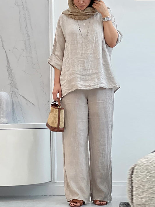 Women's Casual Solid Color Round Neck Three-quarter Sleeve Top and Pants Two-piece Set