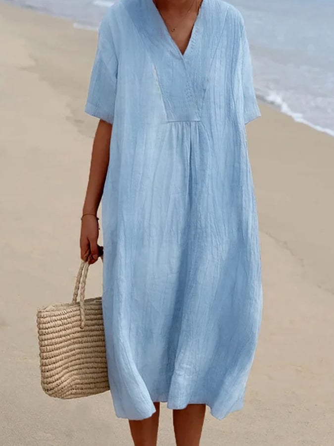 Loose Short Sleeved Solid V-Neck Dress