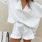 Women's Fashion Cotton and Linen Solid Color Loose V-Neck Lantern Sleeve Shorts Two-Piece Set
