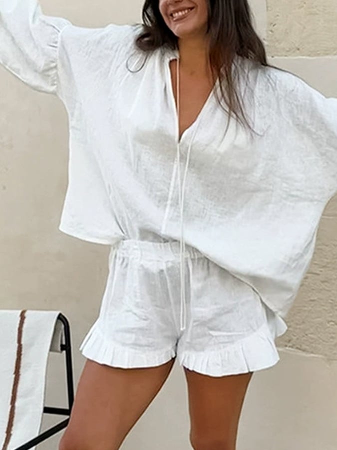 Women's Fashion Cotton and Linen Solid Color Loose V-Neck Lantern Sleeve Shorts Two-Piece Set