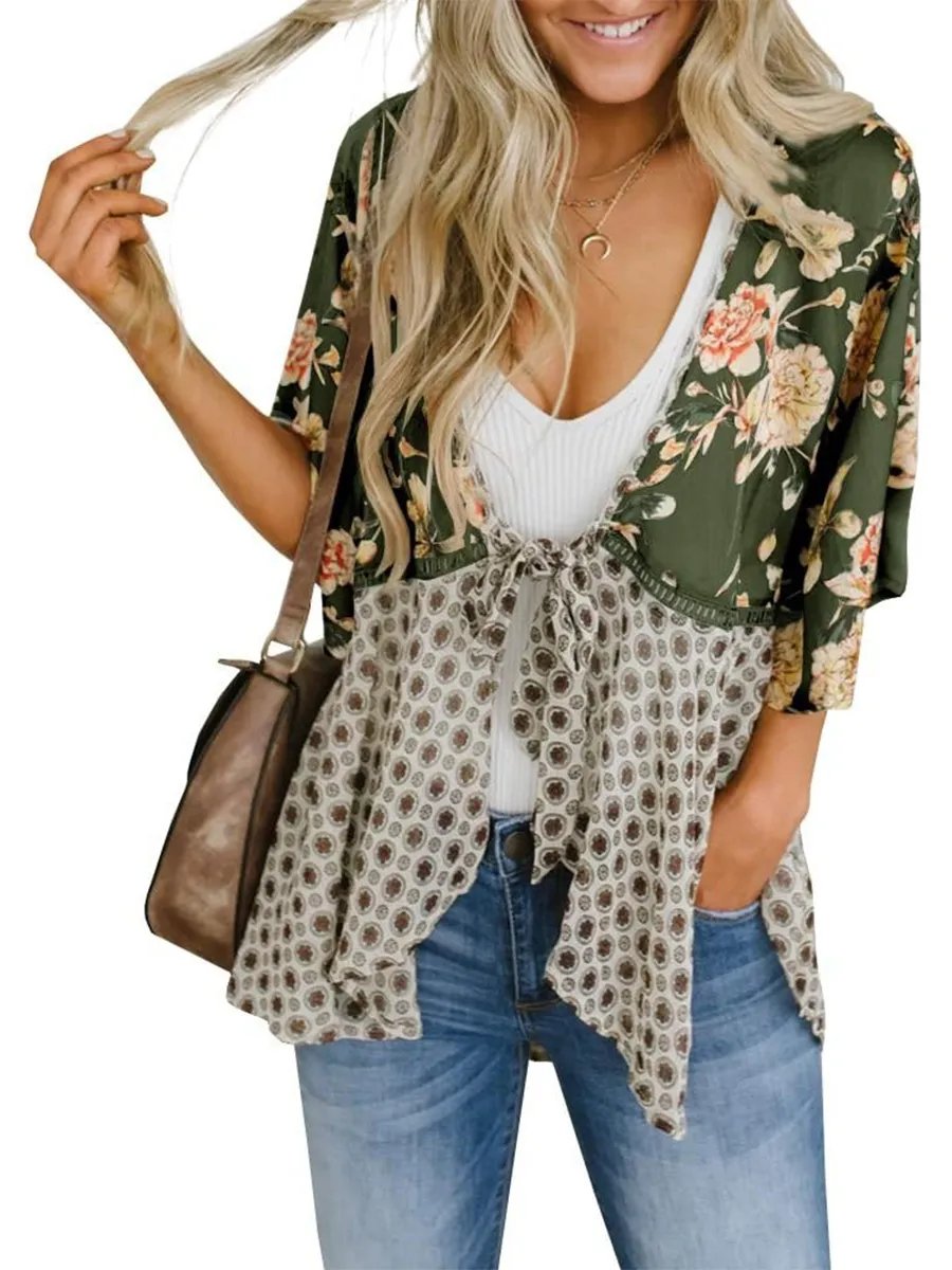 ✨Women's Floral Kimono Ruffle Sleeve Tie Cardigans Flowy Boho Loose Cover Ups