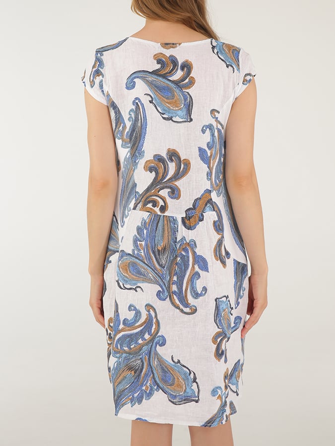 Women'S Round Neck Pocket Printed Cotton And Linen Dress